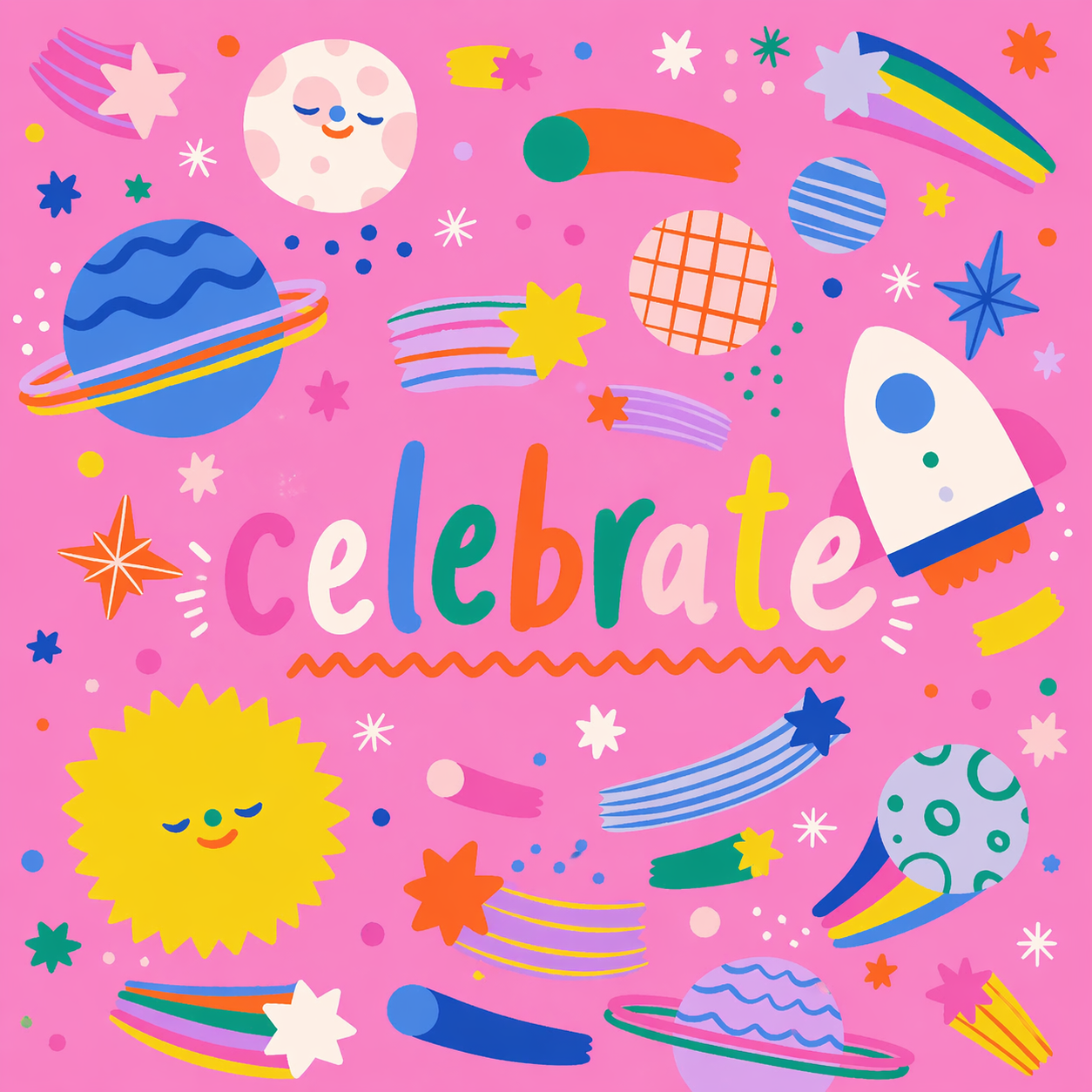Colorful space-themed design with 'celebrate' text on a pink background