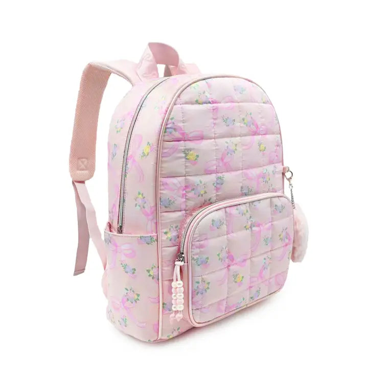 Floral Bow Print Quilted Large Backpack with Charm