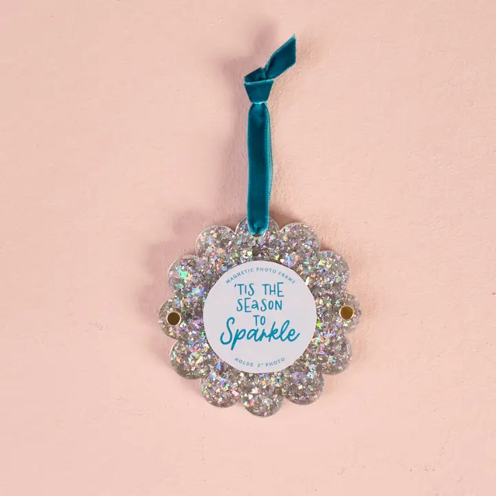 Scalloped Round Picture Frame Ornament-Silver Glitter