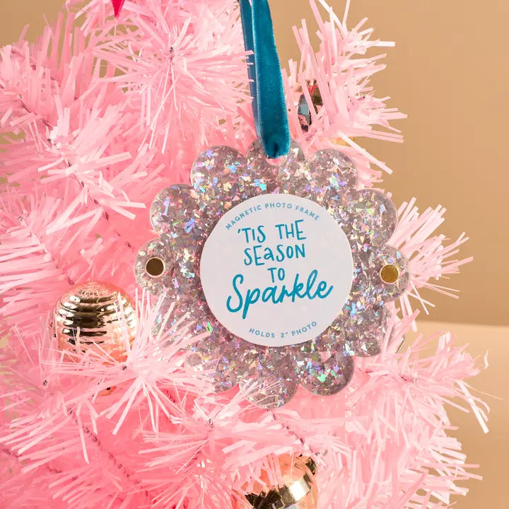 Scalloped Round Picture Frame Ornament-Silver Glitter