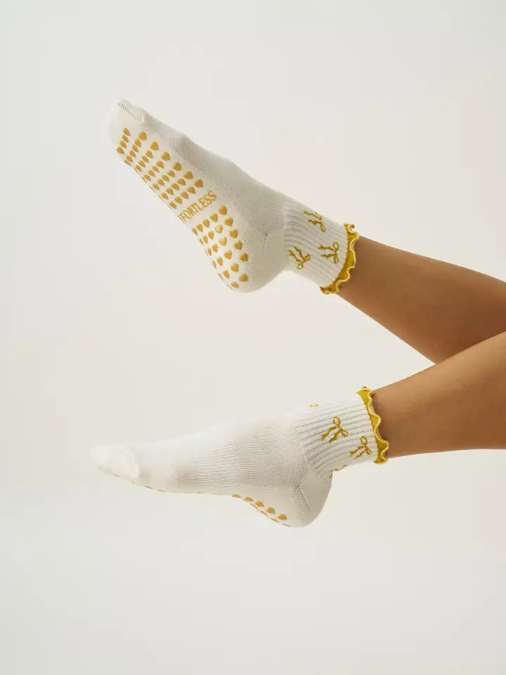 🎀 Bow Ruffle Grip Sock [Gold], Pilates Socks
