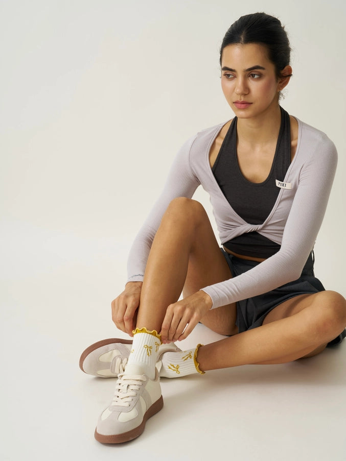 🎀 Bow Ruffle Grip Sock [Gold], Pilates Socks