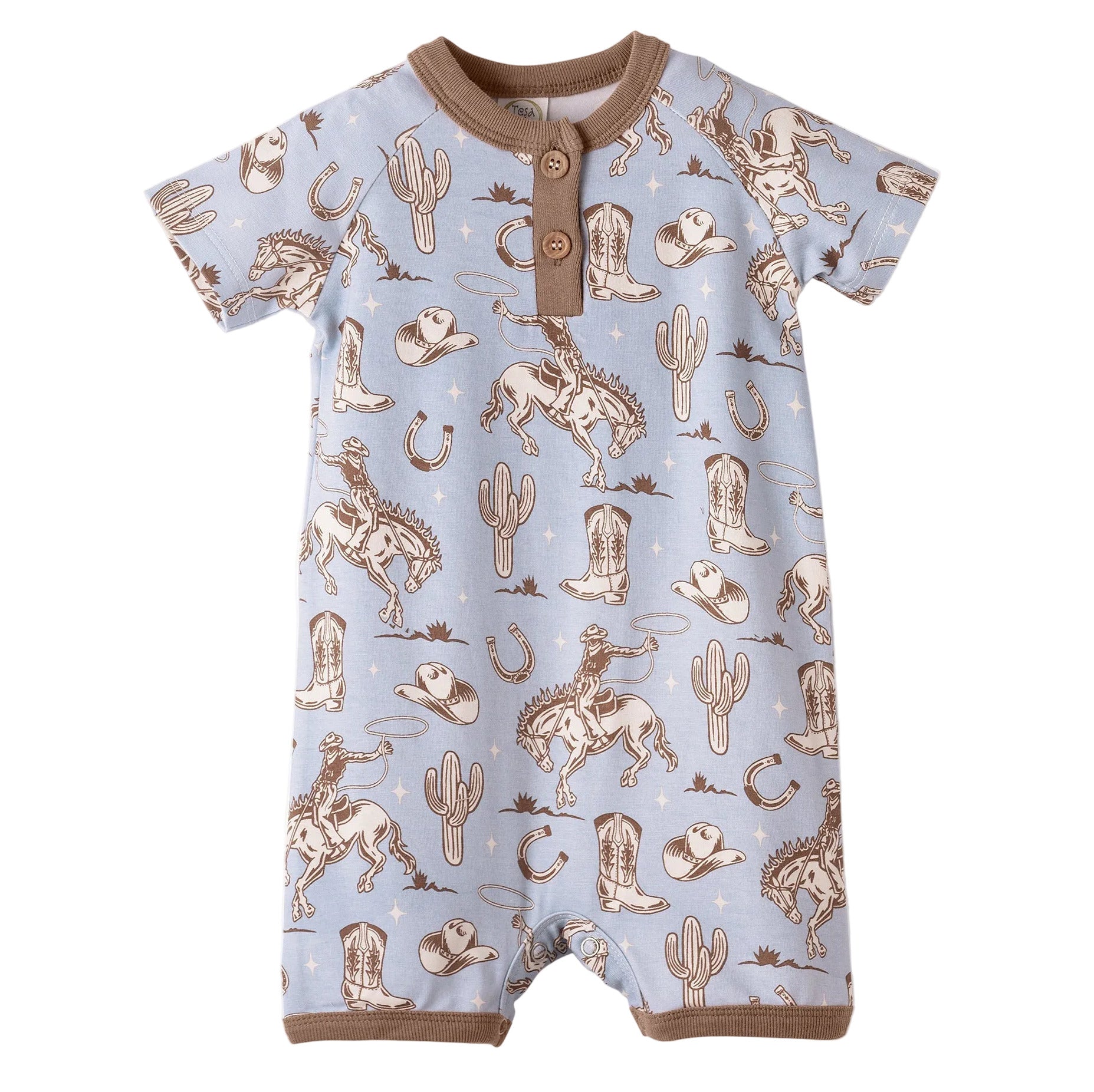 Wild Wrangler/Blue Western Bamboo Shorty Romper for Boys