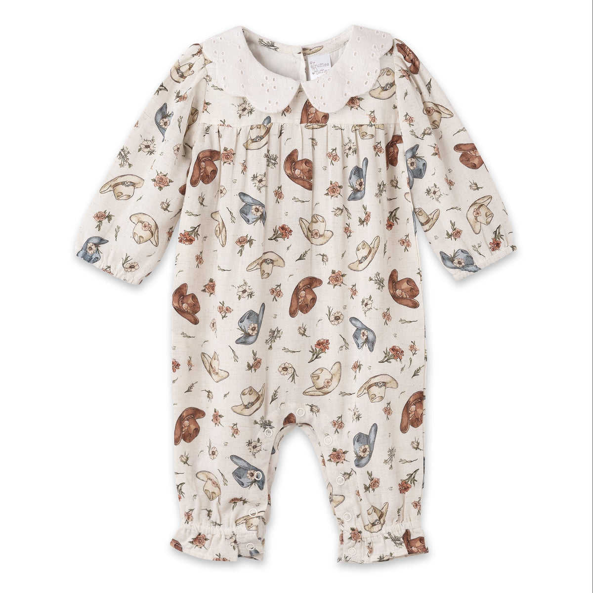 Larkspur Prairie Linen Western Romper With Eyelet Collar