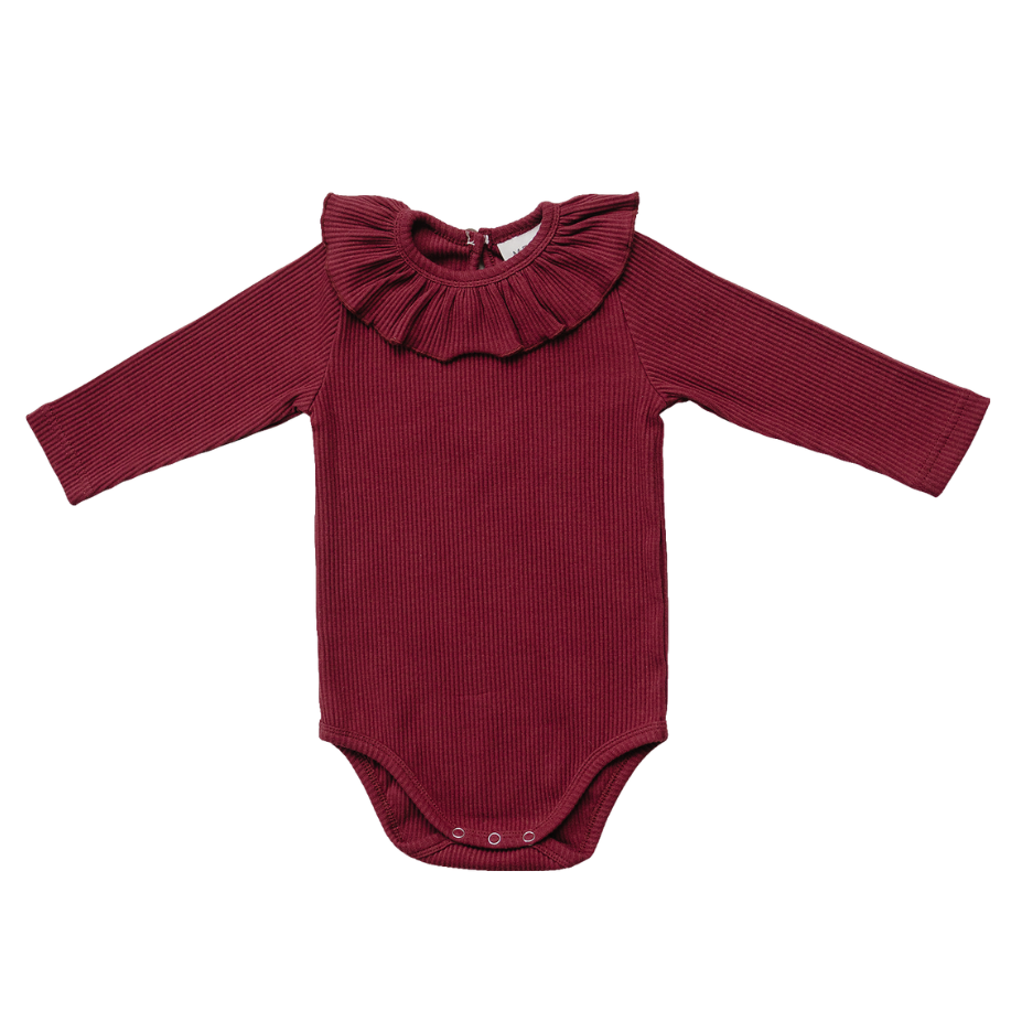 Burgundy Ribbed Ruffle Bodysuit