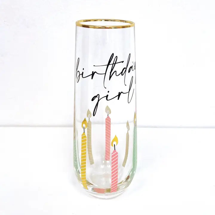 Birthday Girl Stemless Champagne Glass, Gold Rim