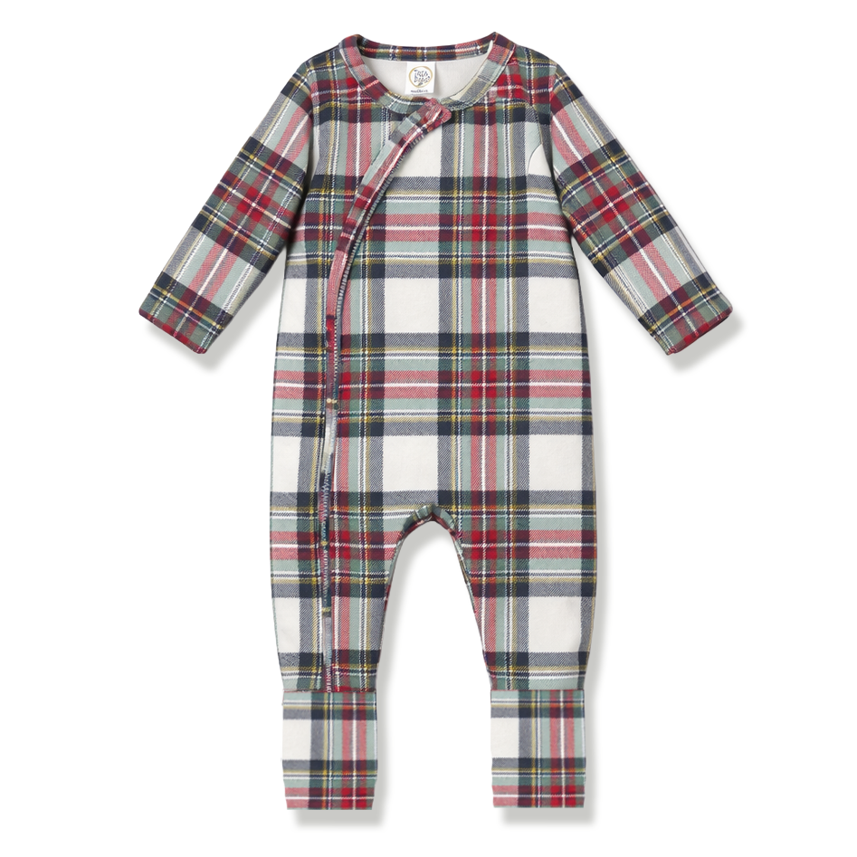 Plaid Baby Christmas Zipper Romper With Convertible Cuffs