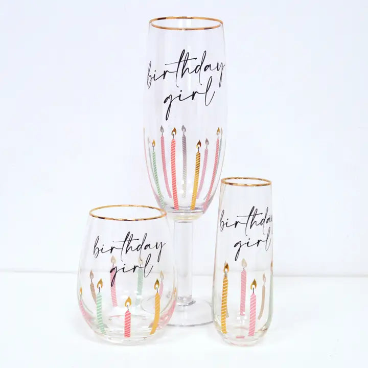 Birthday Girl Stemless Champagne Glass, Gold Rim