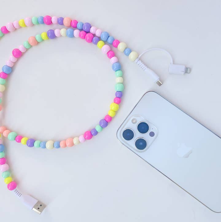 6ft Beaded Phone Charger Usb-A & Dual Usb-C Lightning Cable