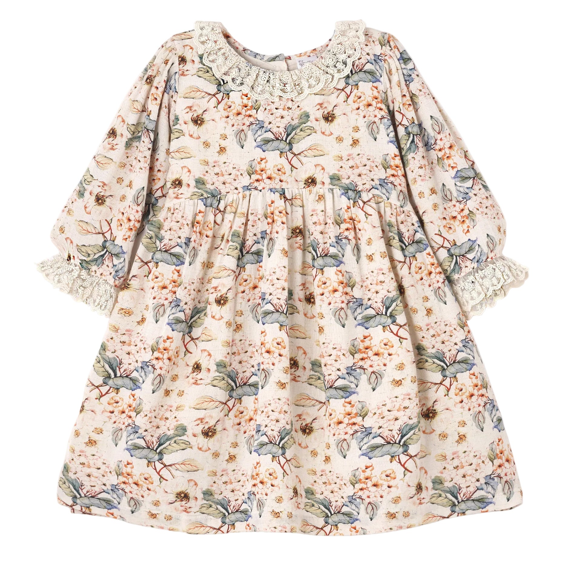 Vintage Floral Dress with Lace Collar Ruffles, Linen Blend