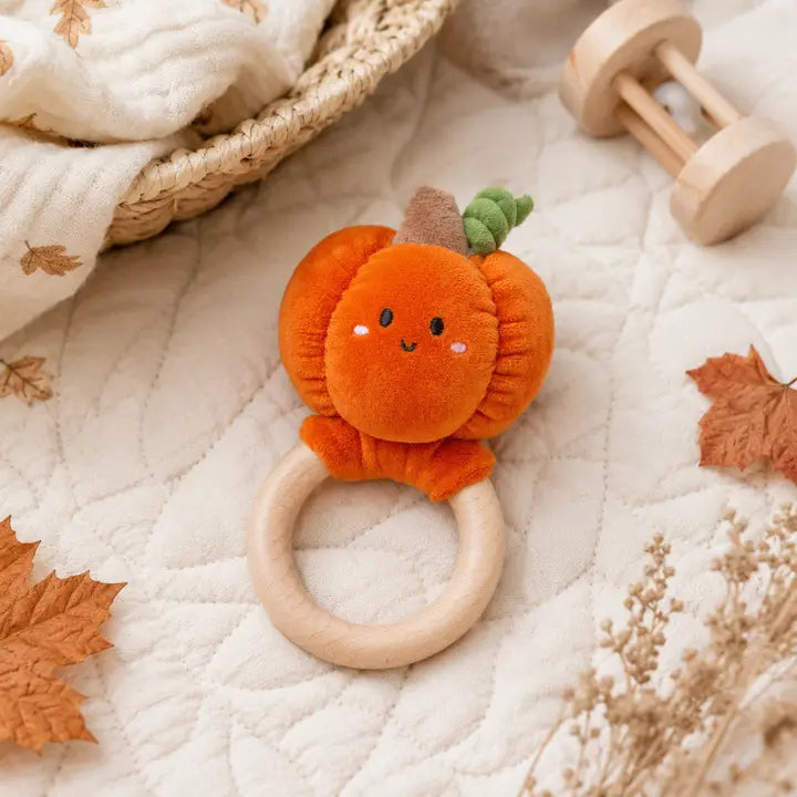 Pumpkin Baby Wooden Teether Toy, Halloween and Fall