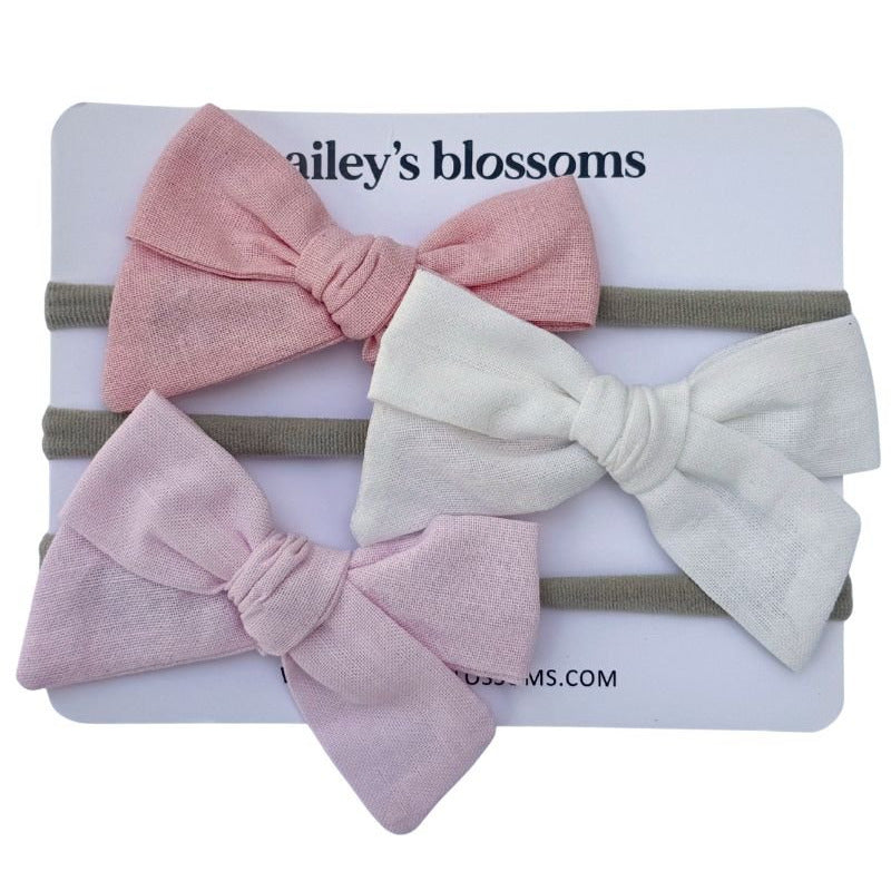 3-piece Linen Cotton Nylon Headband Set - Rose Pink, White, Light Pink