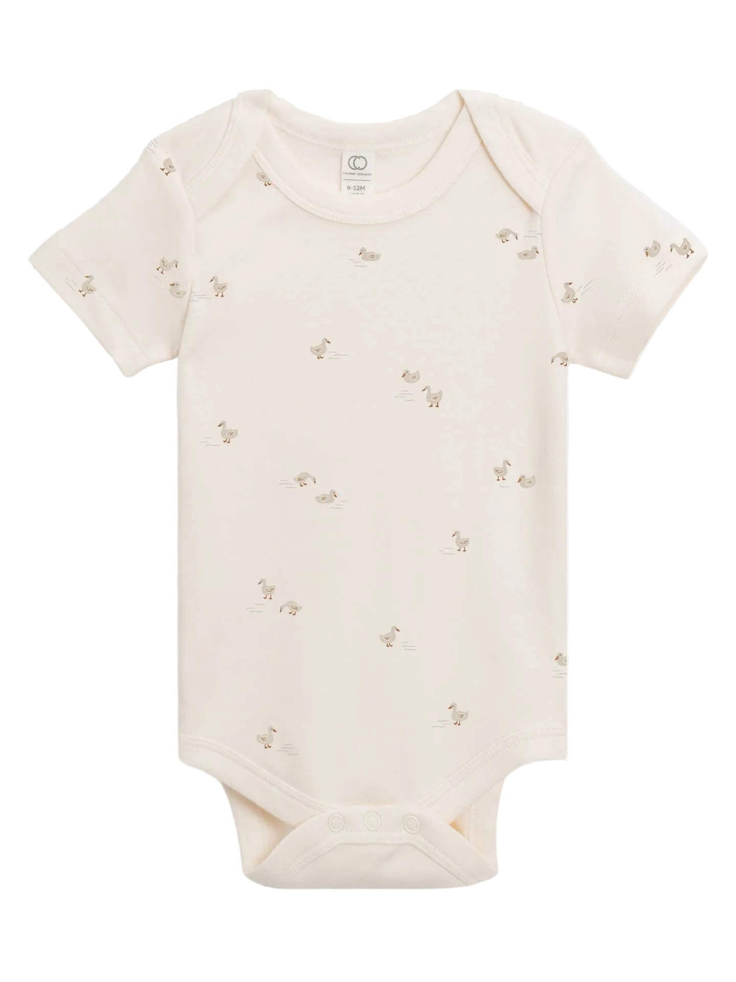 Beige baby bodysuit with small patterns on a white background