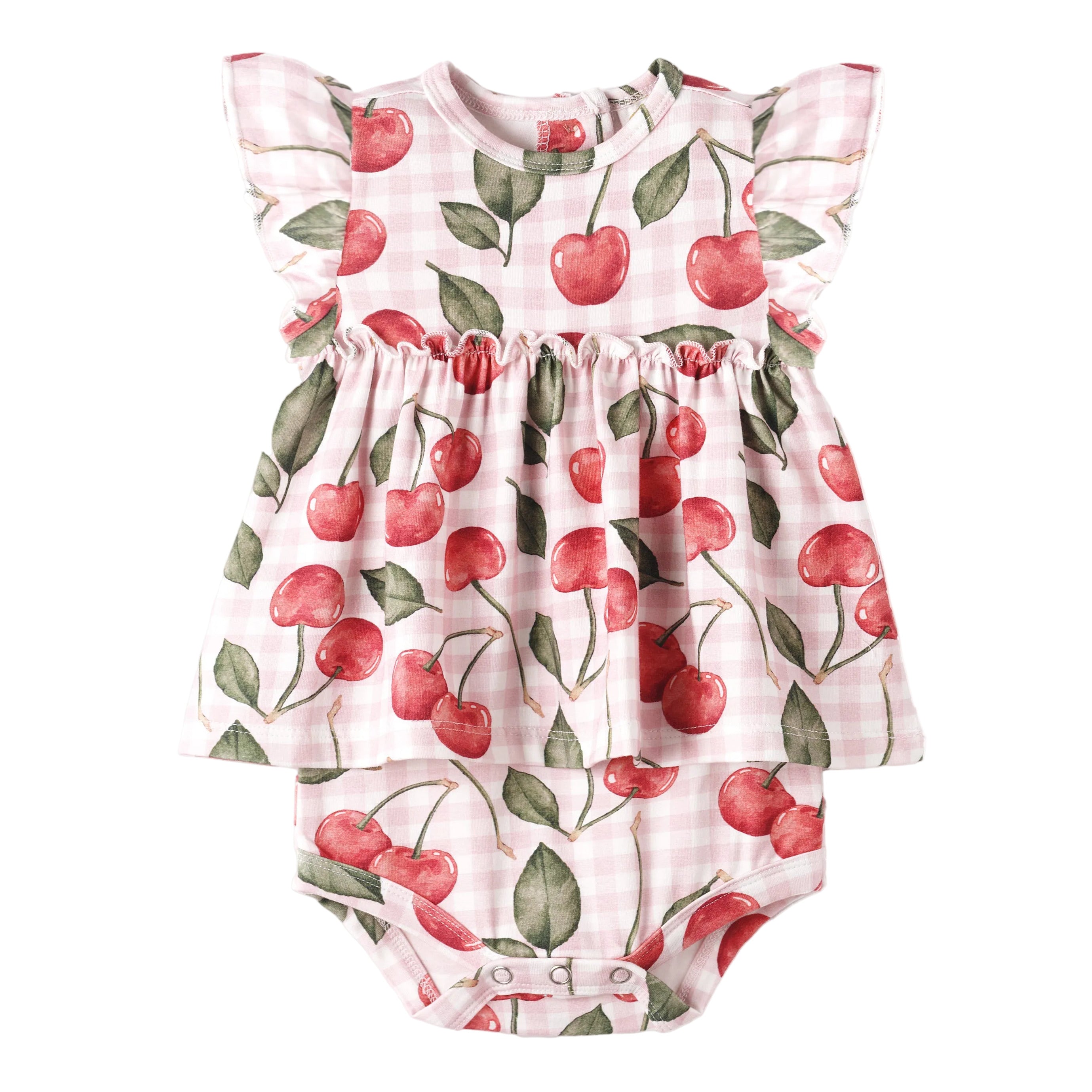 Cherry Picnic Flutter Sleeve Bamboo Skirted Bodysuit