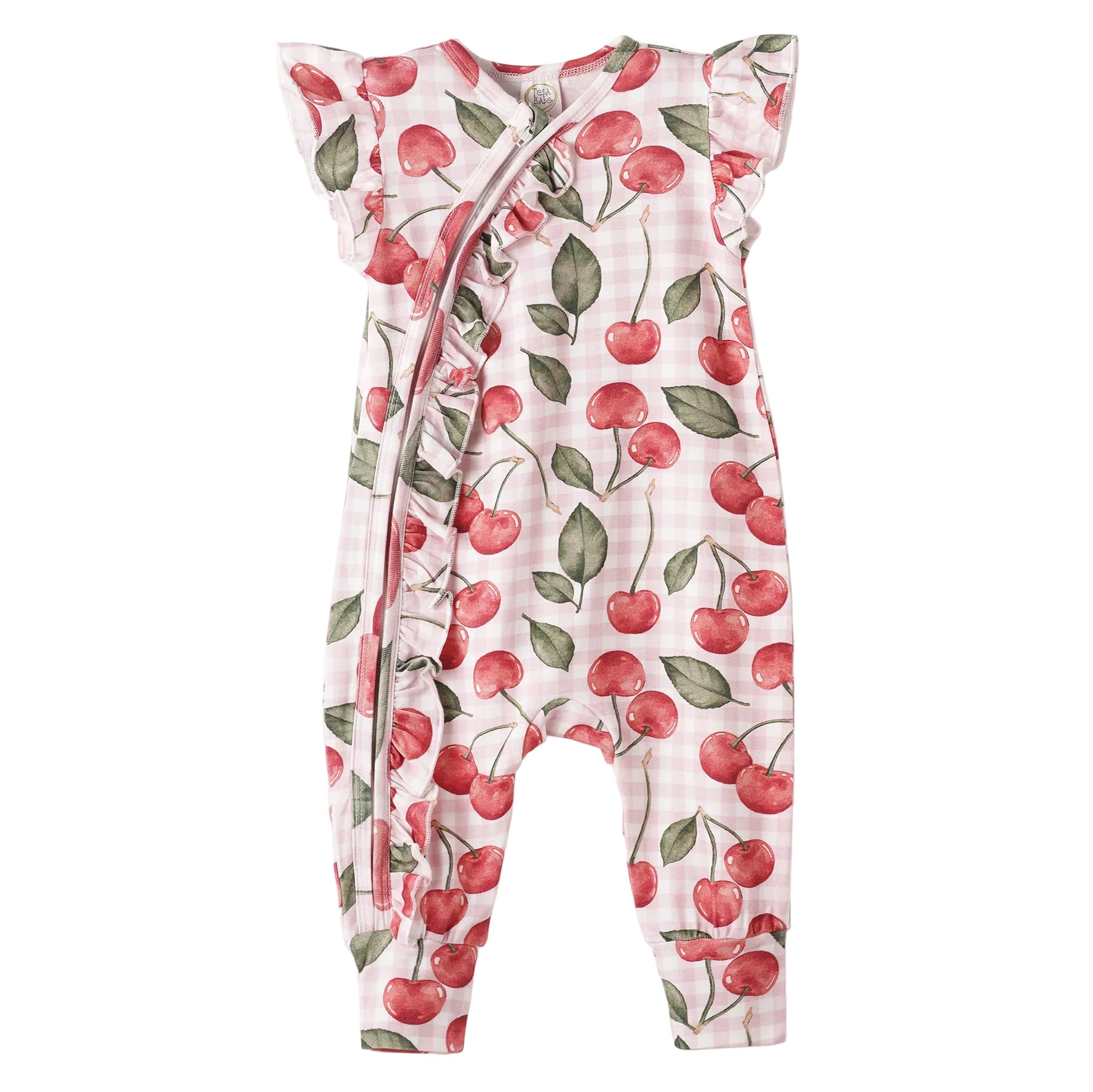 Cherry Picnic Baby Girl Romper – Soft Bamboo Zipper Pajamas