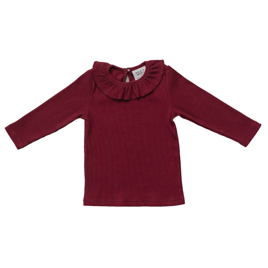 Burgundy Ribbed Ruffle Long Sleeve Top