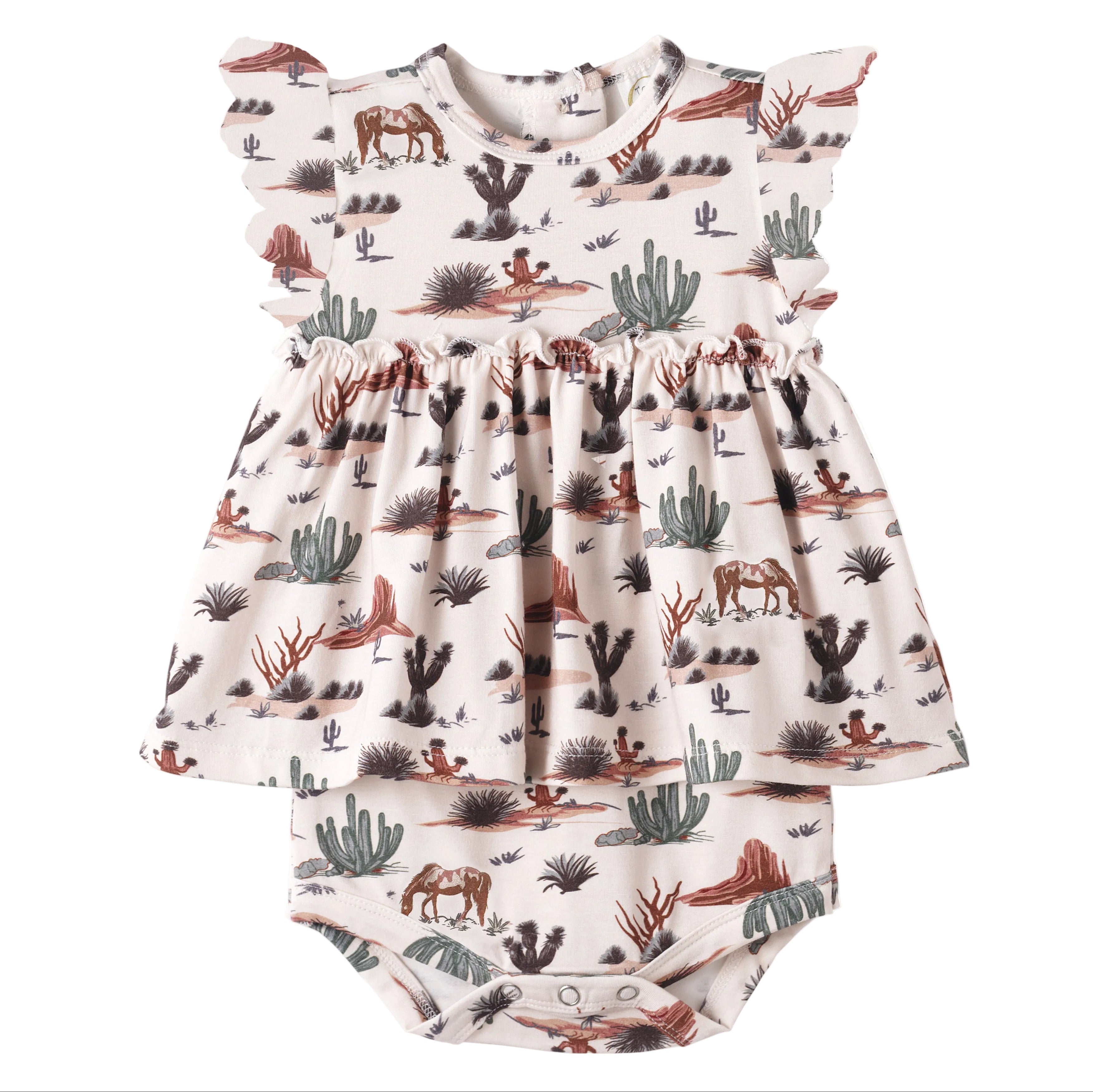 Baby Girl Skirted Bodysuit – Soft Bamboo Cactus Trails