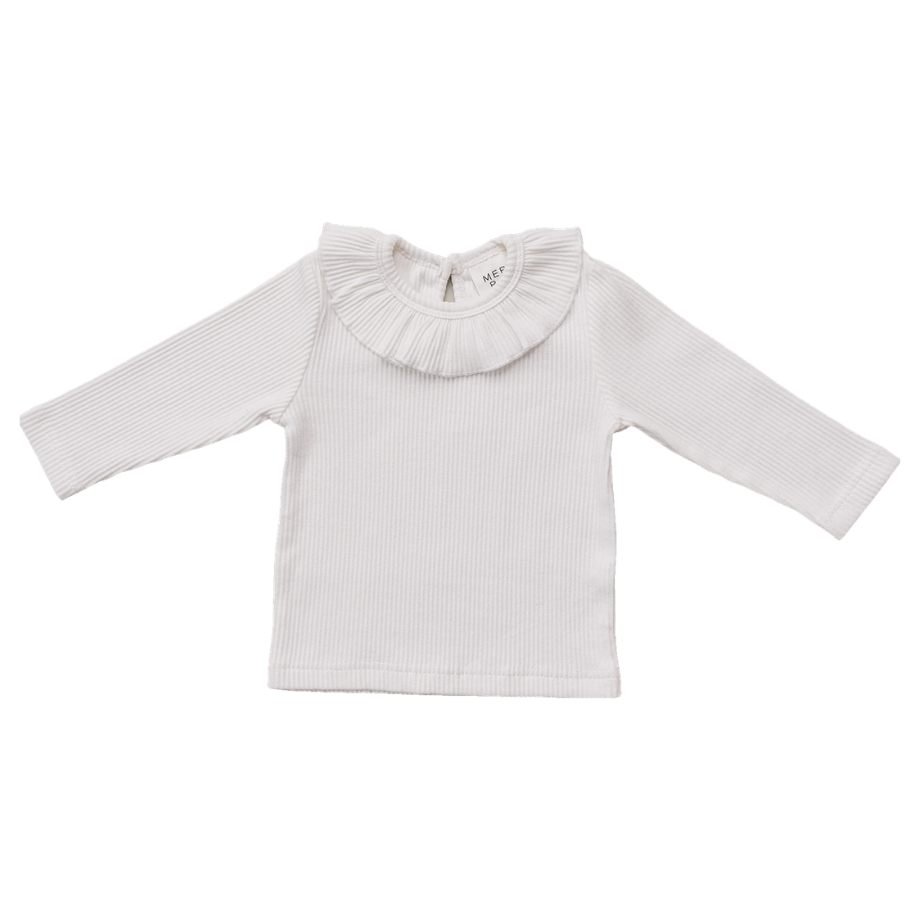 White Ribbed Ruffle Long Sleeve Top