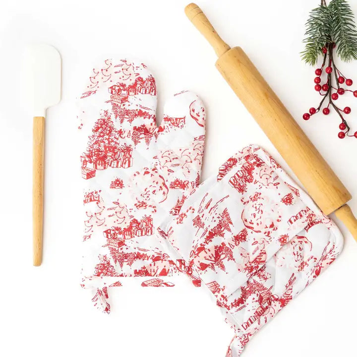 Santa Toile Oven Mitt & Potholder Set