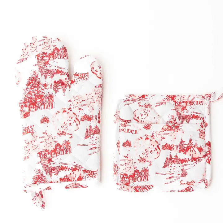 Santa Toile Oven Mitt & Potholder Set