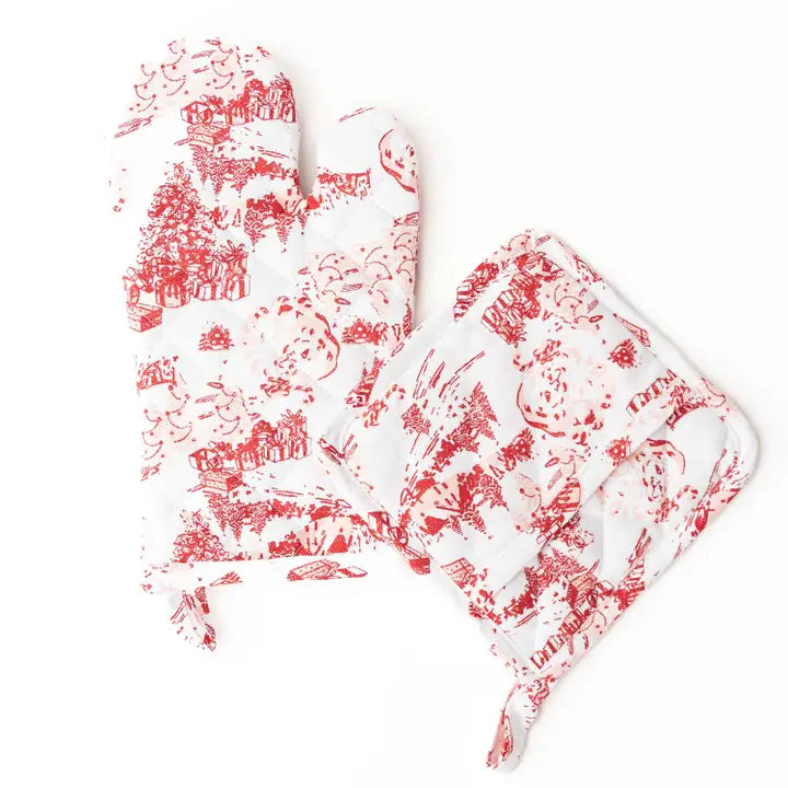 Santa Toile Oven Mitt & Potholder Set