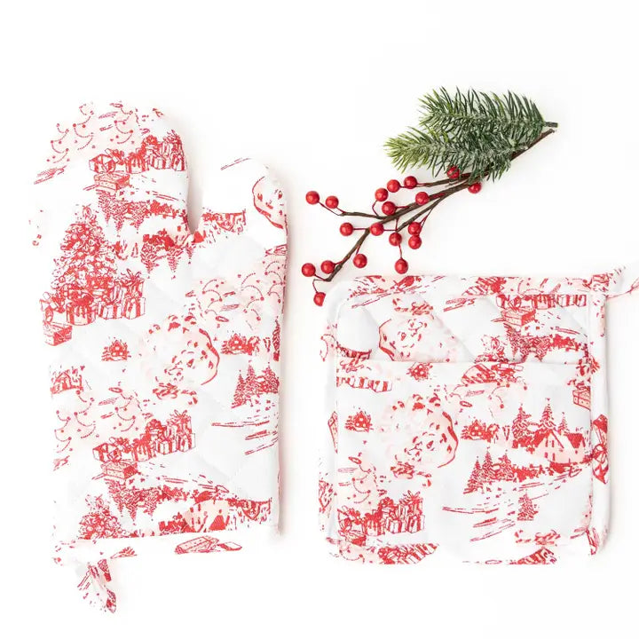 Santa Toile Oven Mitt & Potholder Set