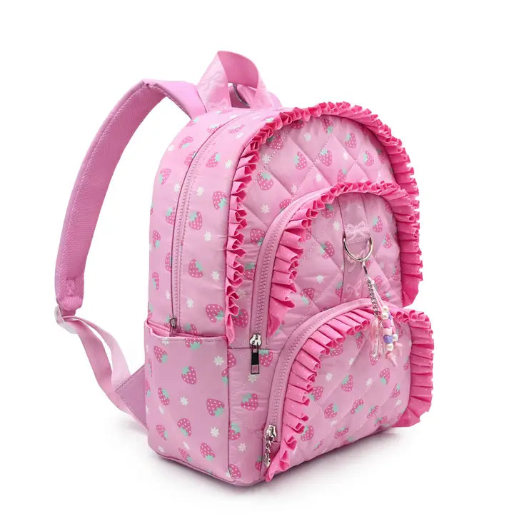 Strawberry Printed Ruffle Quilted Large Backpack