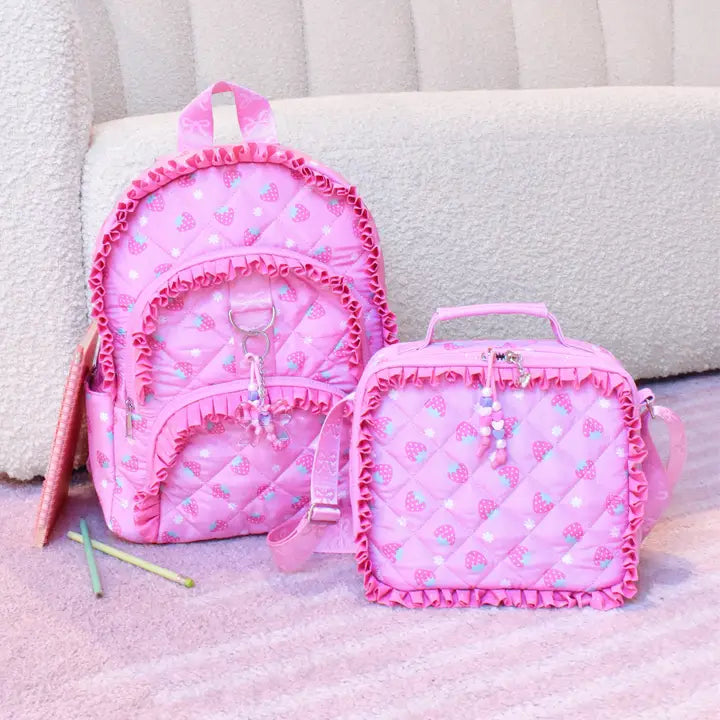 Strawberry Printed Ruffle Quilted Large Backpack