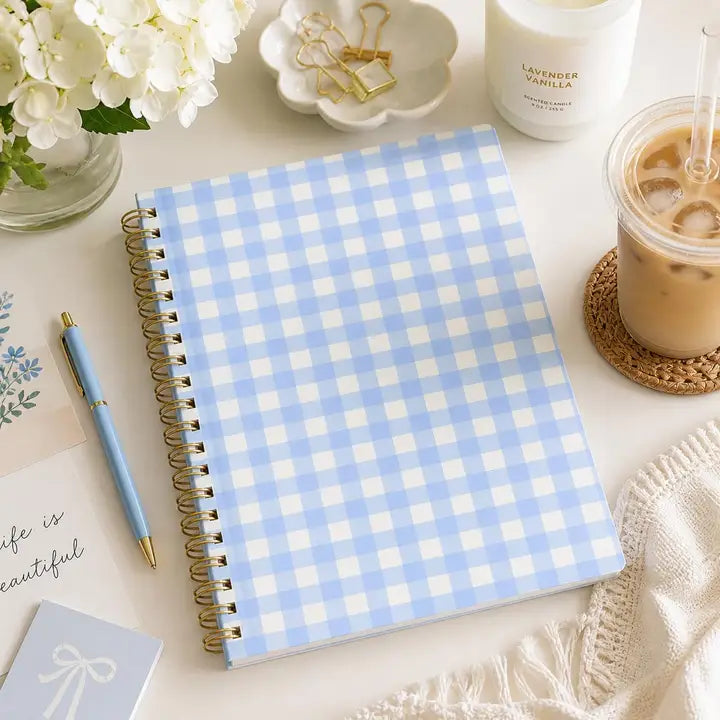 Blue Gingham Hardcover Spiral Notebook, Stationery Journal