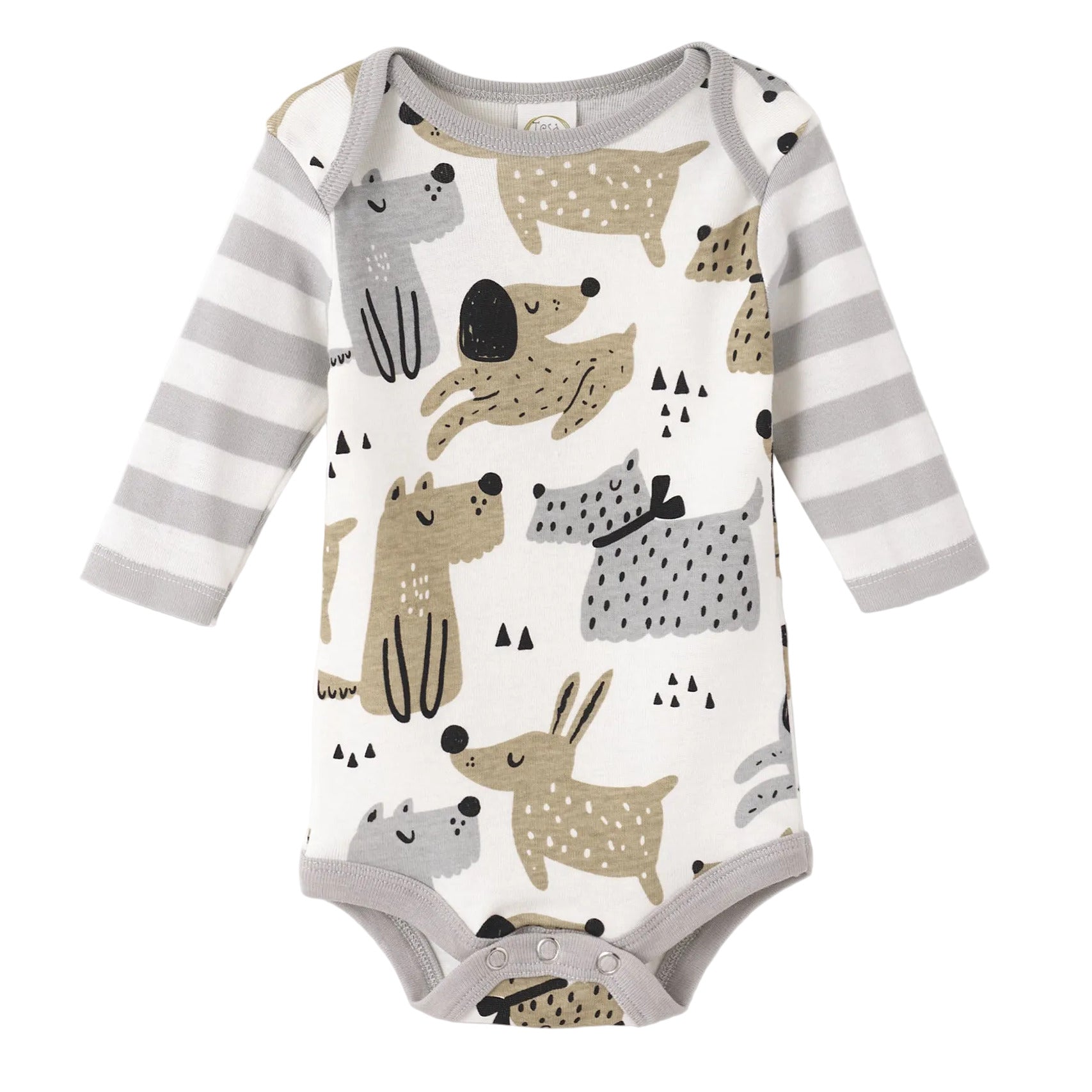 Puppy Dog Print Baby Bodysuit – Cotton Stripe Sleeve