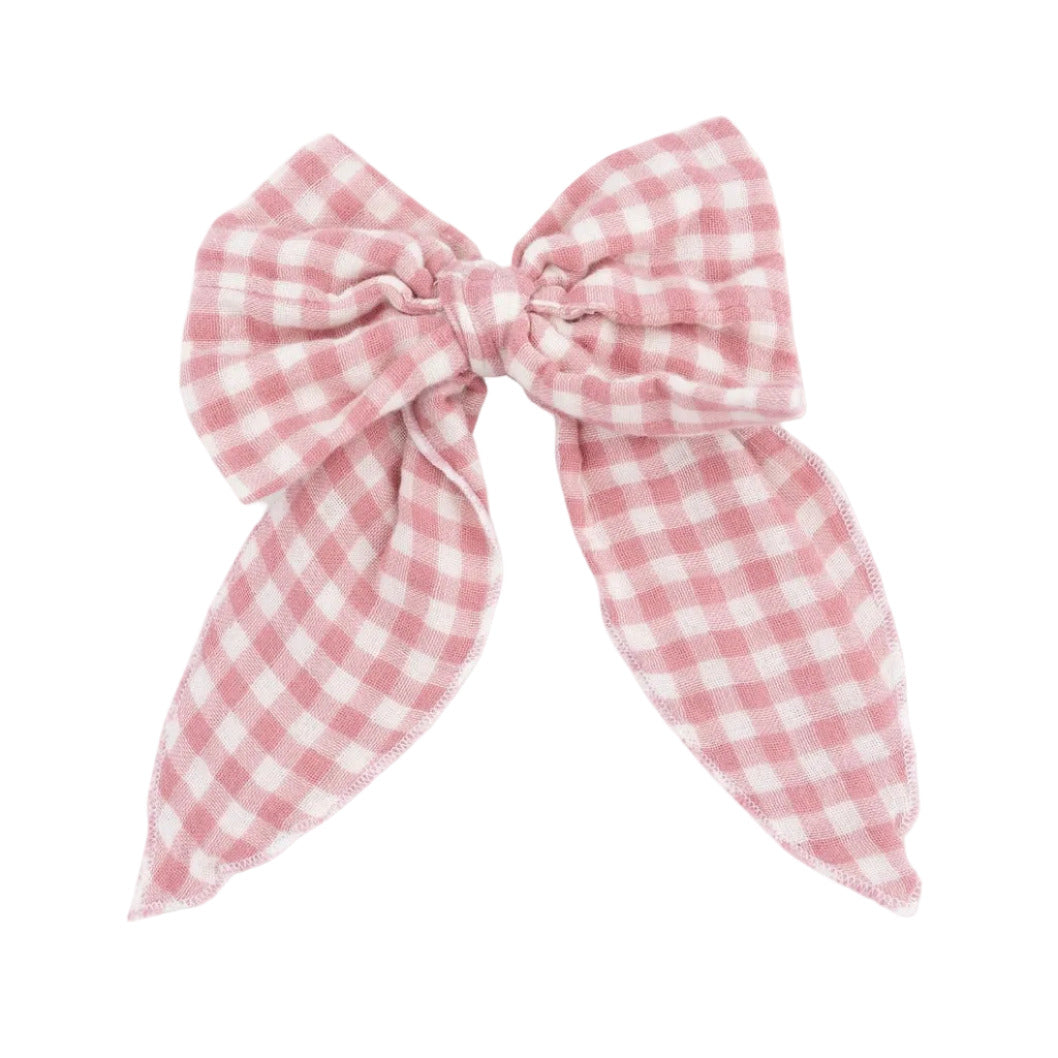 Bow with Tails Clip In - Rose Pink Plaid