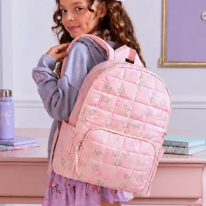 Floral Bow Print Quilted Large Backpack with Charm