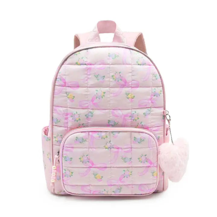 Floral Bow Print Quilted Large Backpack with Charm
