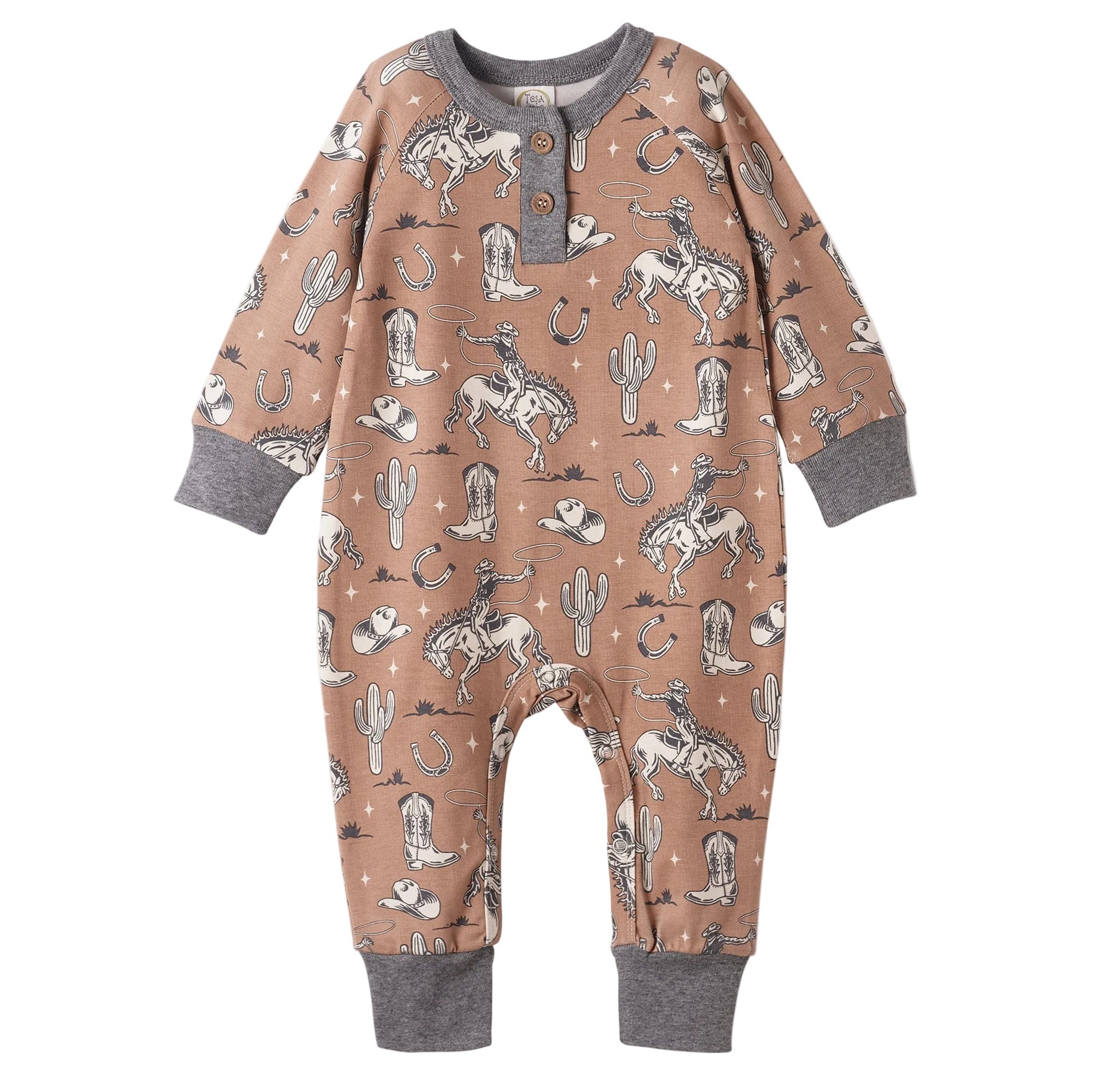 Wild Wrangler/Brown Western Bamboo Henley Romper for Babies