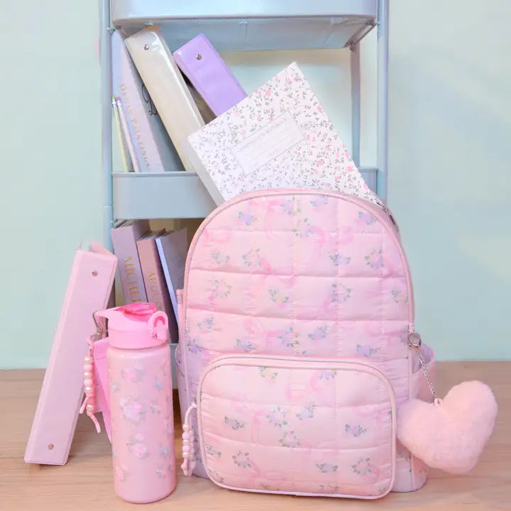 Floral Bow Print Quilted Large Backpack with Charm