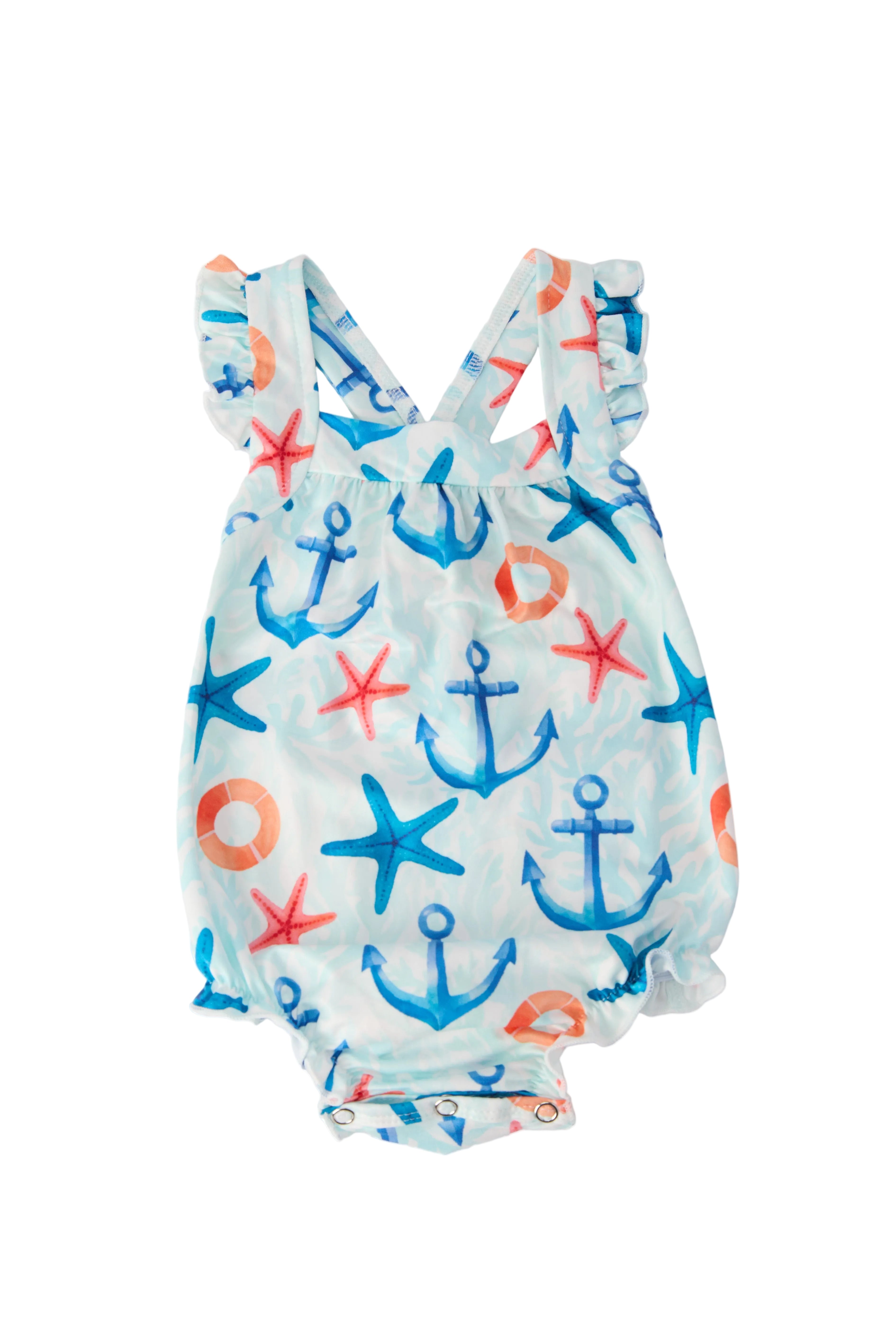 Anchors Away Ruffle Cross Back Romper