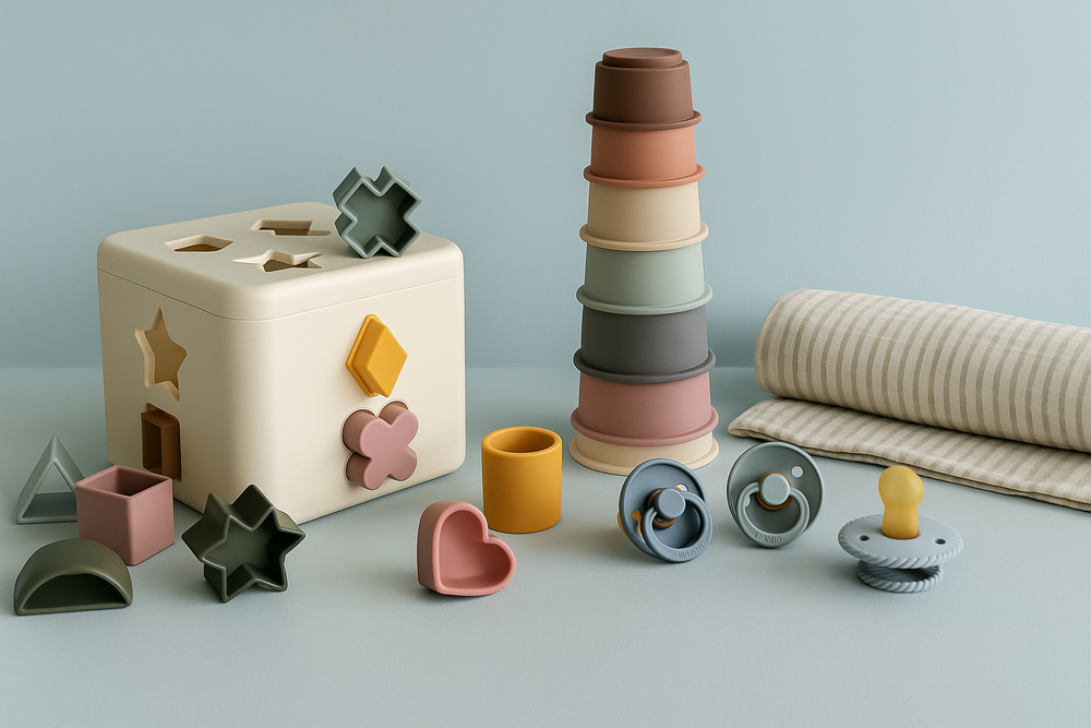 Collection of colorful children's toys including a shape sorting cube, stacking rings, and pacifiers on a light blue background.