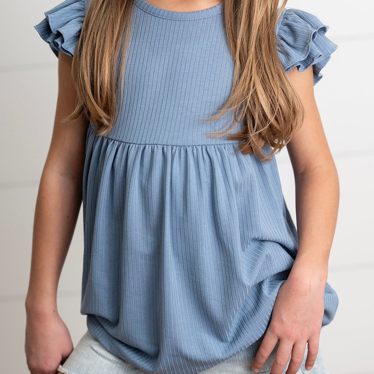 Ella Dusty Blue Ribbed Flutter Shirt