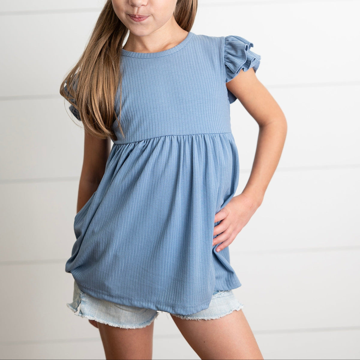 Ella Dusty Blue Ribbed Flutter Shirt