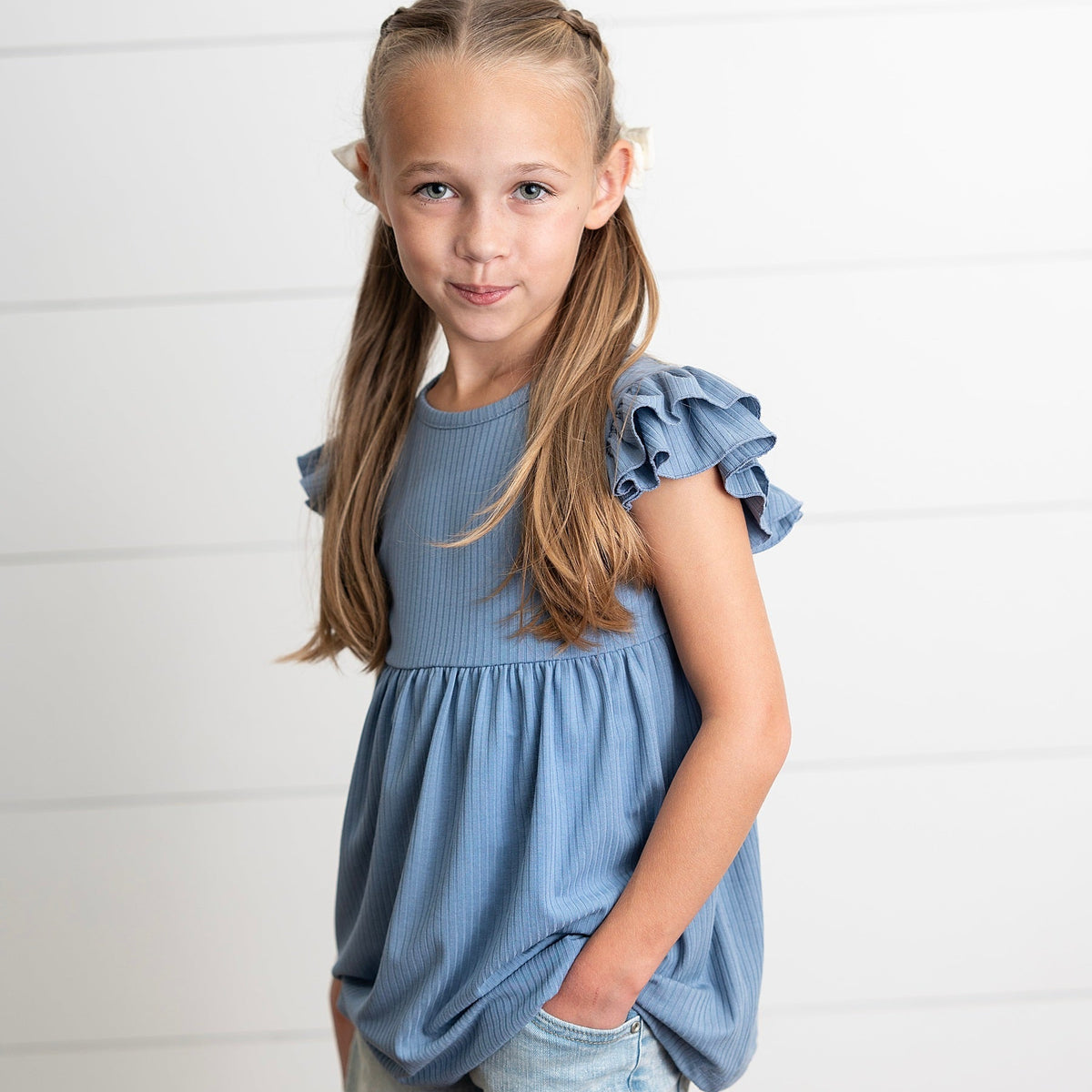 Ella Dusty Blue Ribbed Flutter Shirt