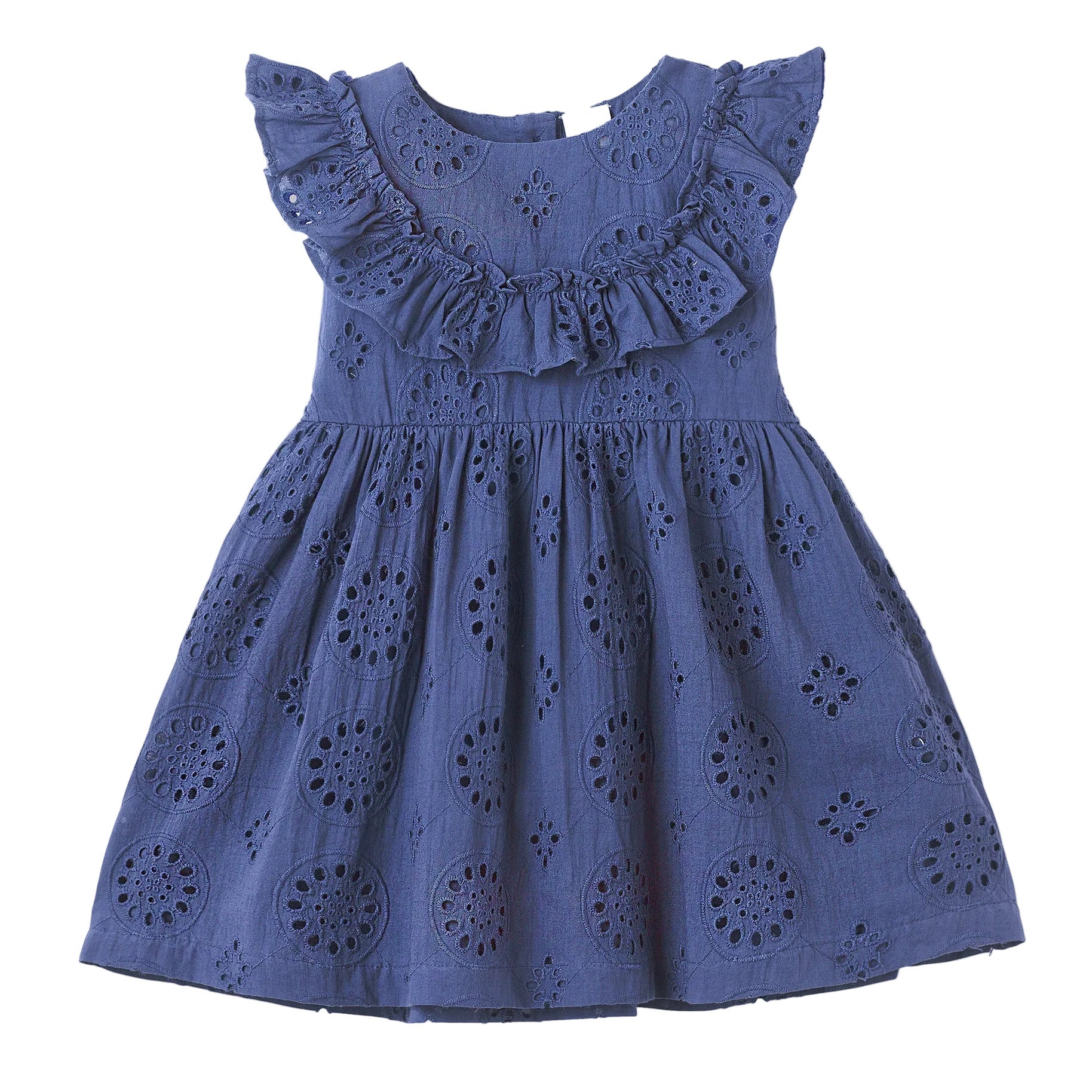 Girls' Eyelet Ruffle Dress - Cotton Blue Embroidered