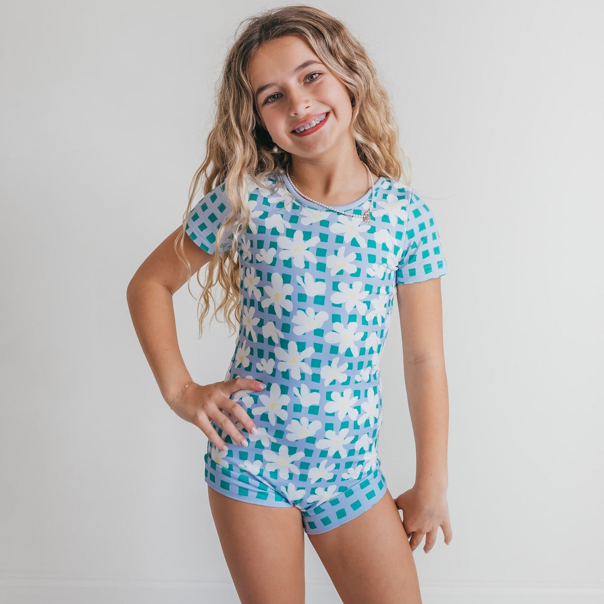 Green Blue Check Shortie Leotard