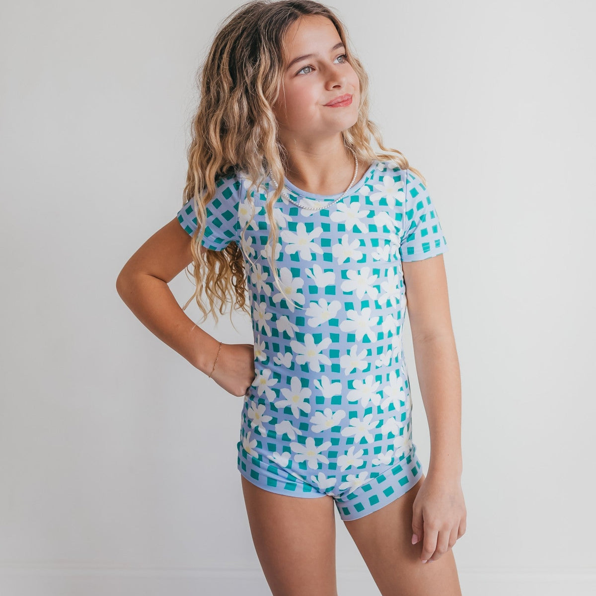 Green Blue Check Shortie Leotard