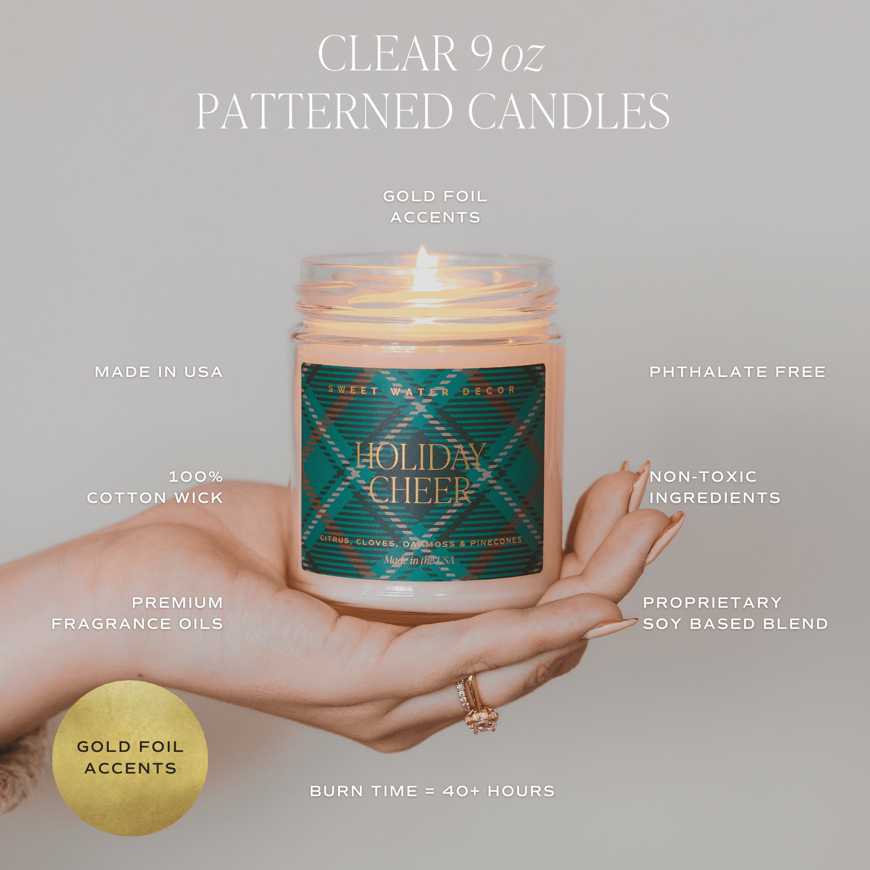 Holiday Cheer Soy Candle - 9 oz Patterned Clear Jar