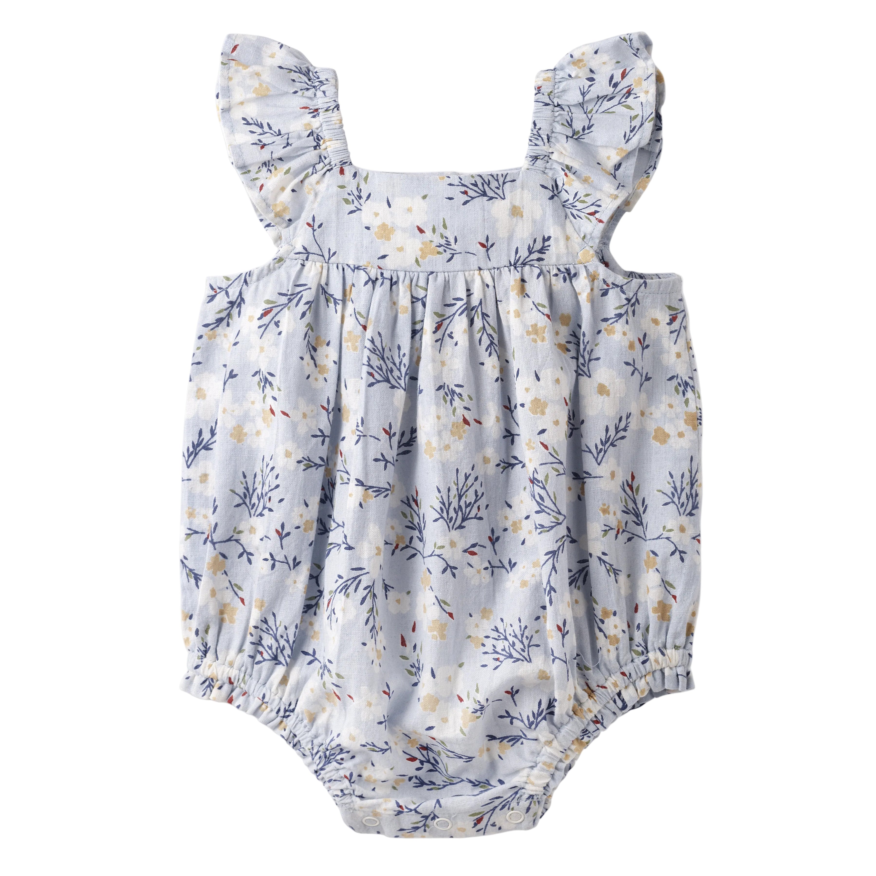 Baby Girl Blue Floral Bubble Romper – Cotton Linen Sunsuit