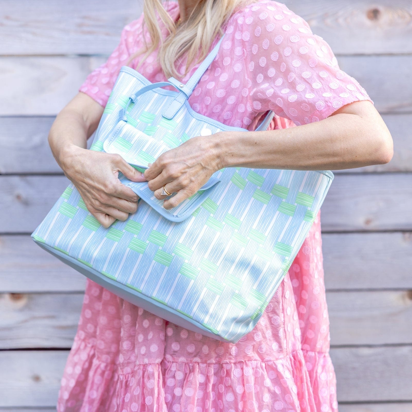 Blue Lattice Oversized Tote with Wallet