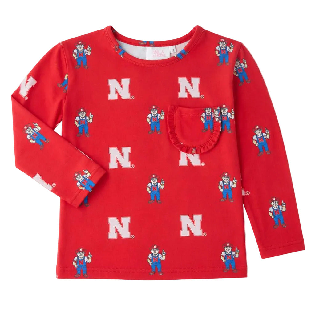 Nebraska Red Herbie Husker L/S Ruffle Pocket Tee