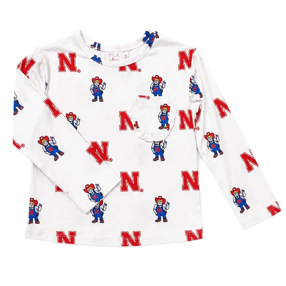 Nebraska White Herbie Husker L/S Ruffle Pocket Tee