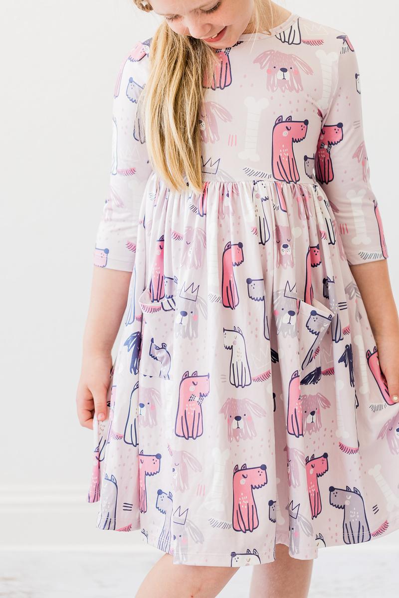 Puppy Party 3/4 Sleeve Pocket Twirl Dress