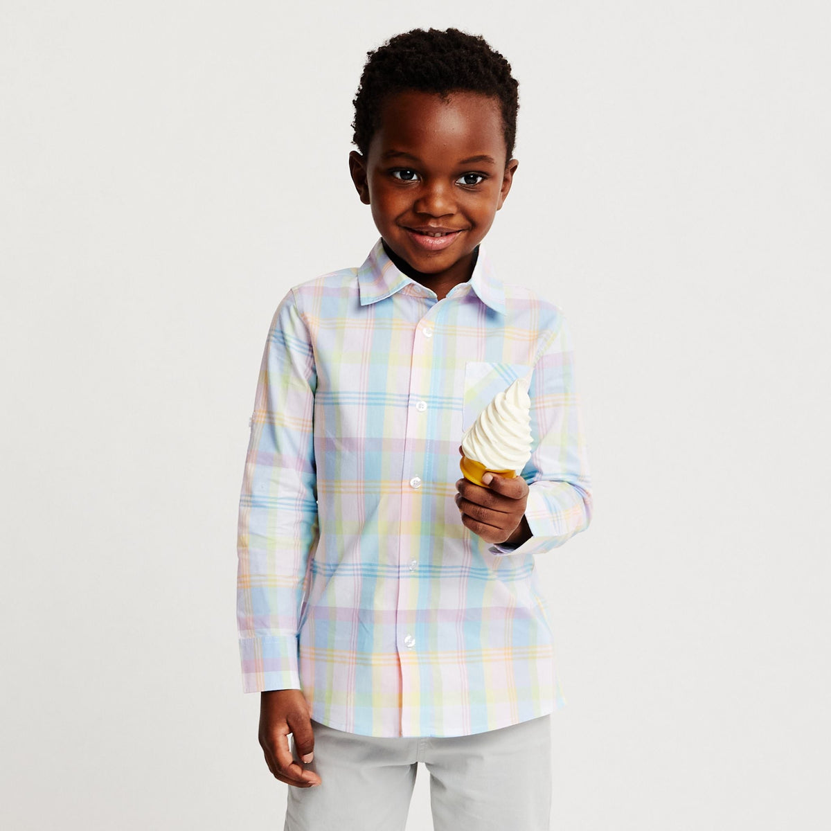 Kids (5-7) White Plaid Pastel Buttondown Shirt